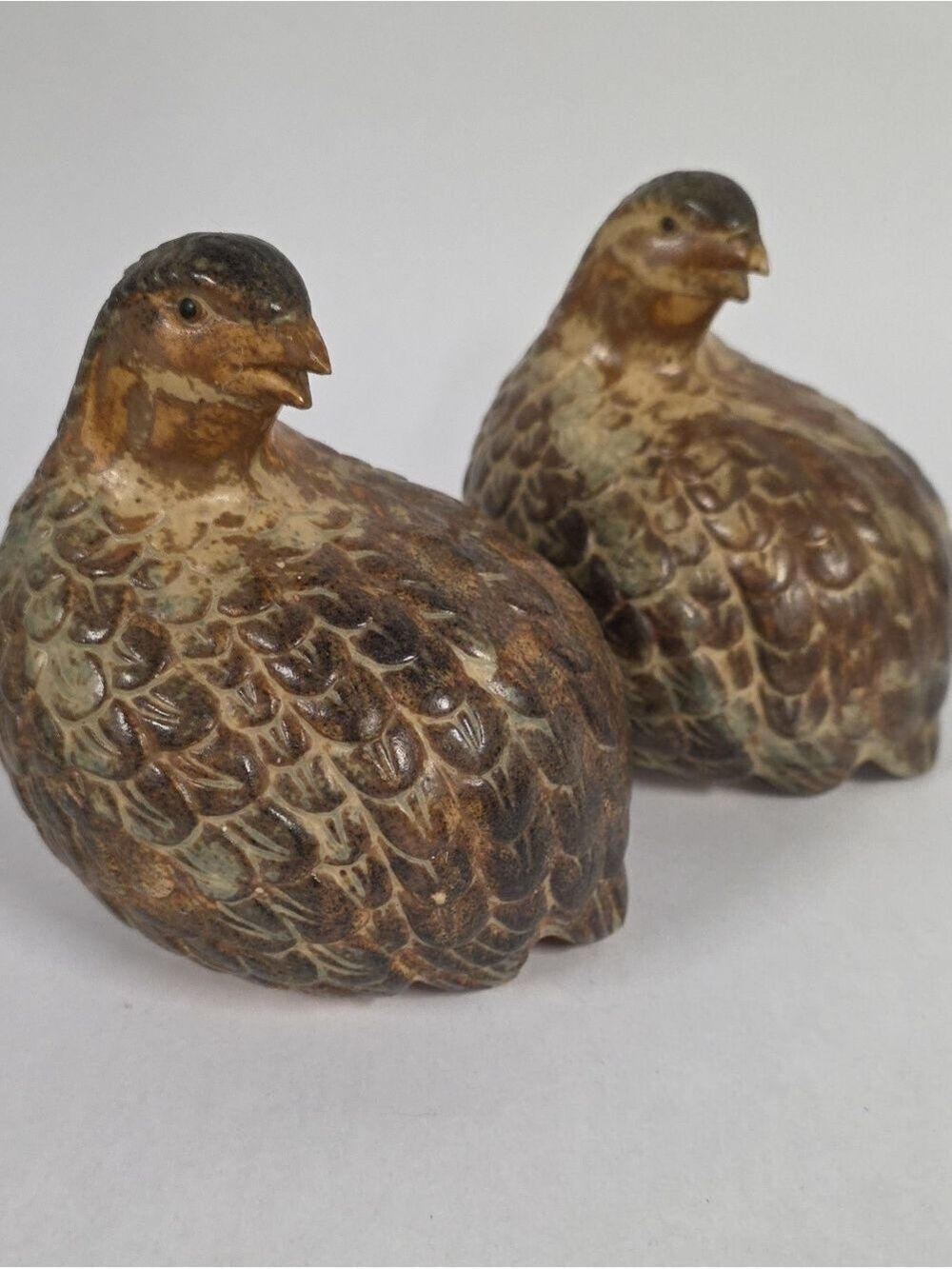 Vintage MCM Ceramic Rustic Brown & Tan Quail Figurines, Made In Japan